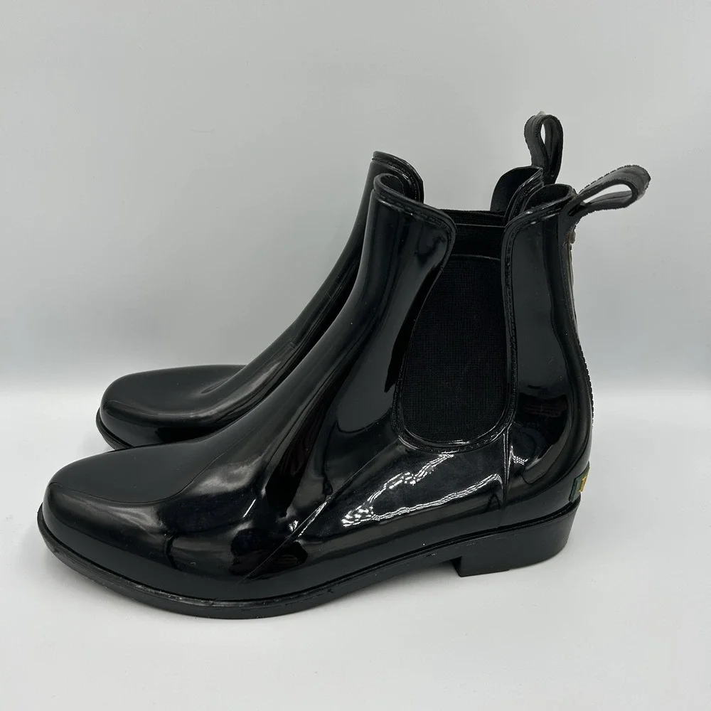 Ralph Lauren Tally Rain Boots Black Patent Leather‎ Chelsea Ankle Booties 8B